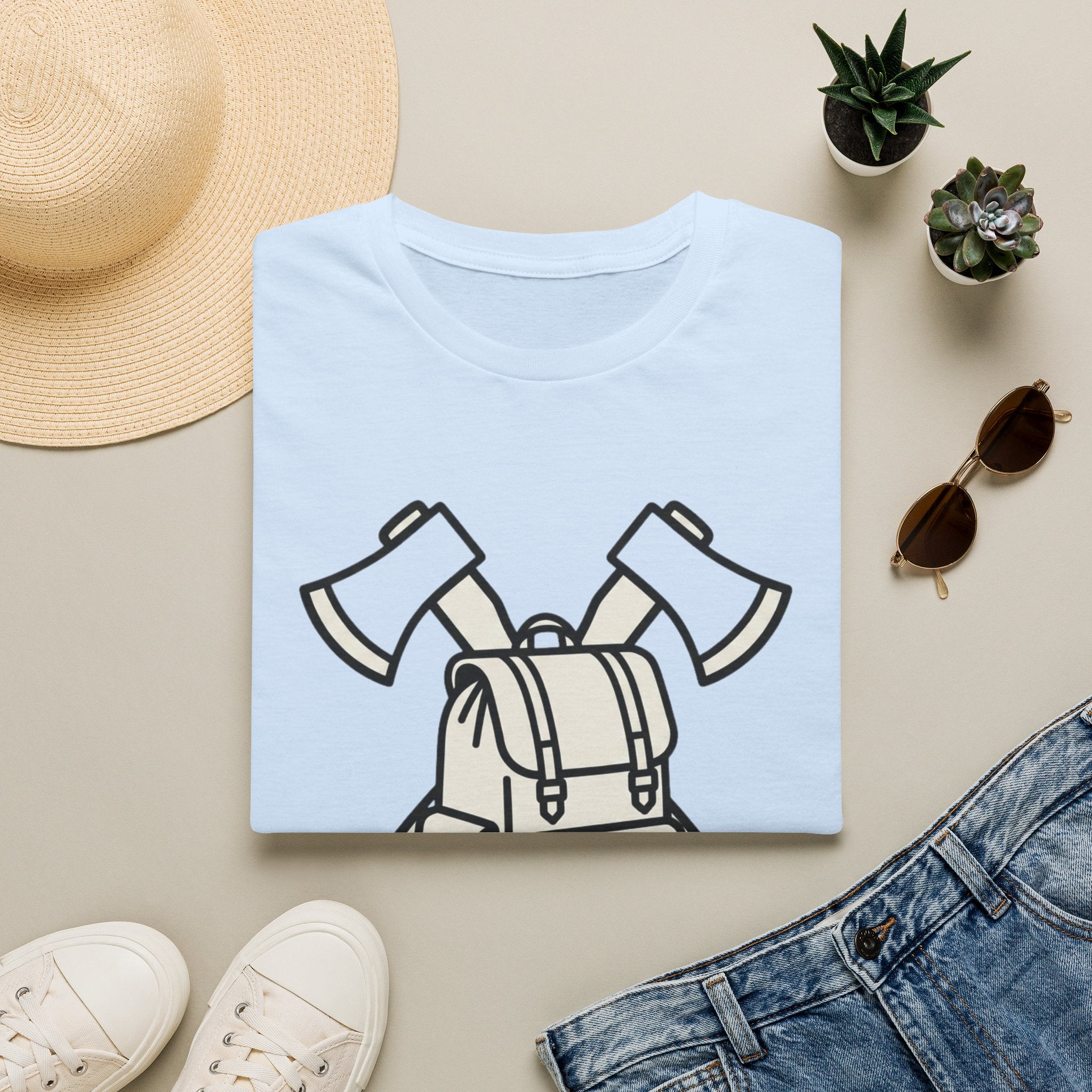 Axe and pack gear up – Adventure Graphic Line Art T-Shirt