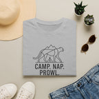 Camp nap prowl repeat cheetah – Adventure Graphic Line Art T-Shirt