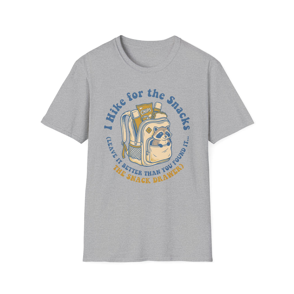T-Shirt — I Hike for the Snacks Graphic Tee (Backpack Raccoon)