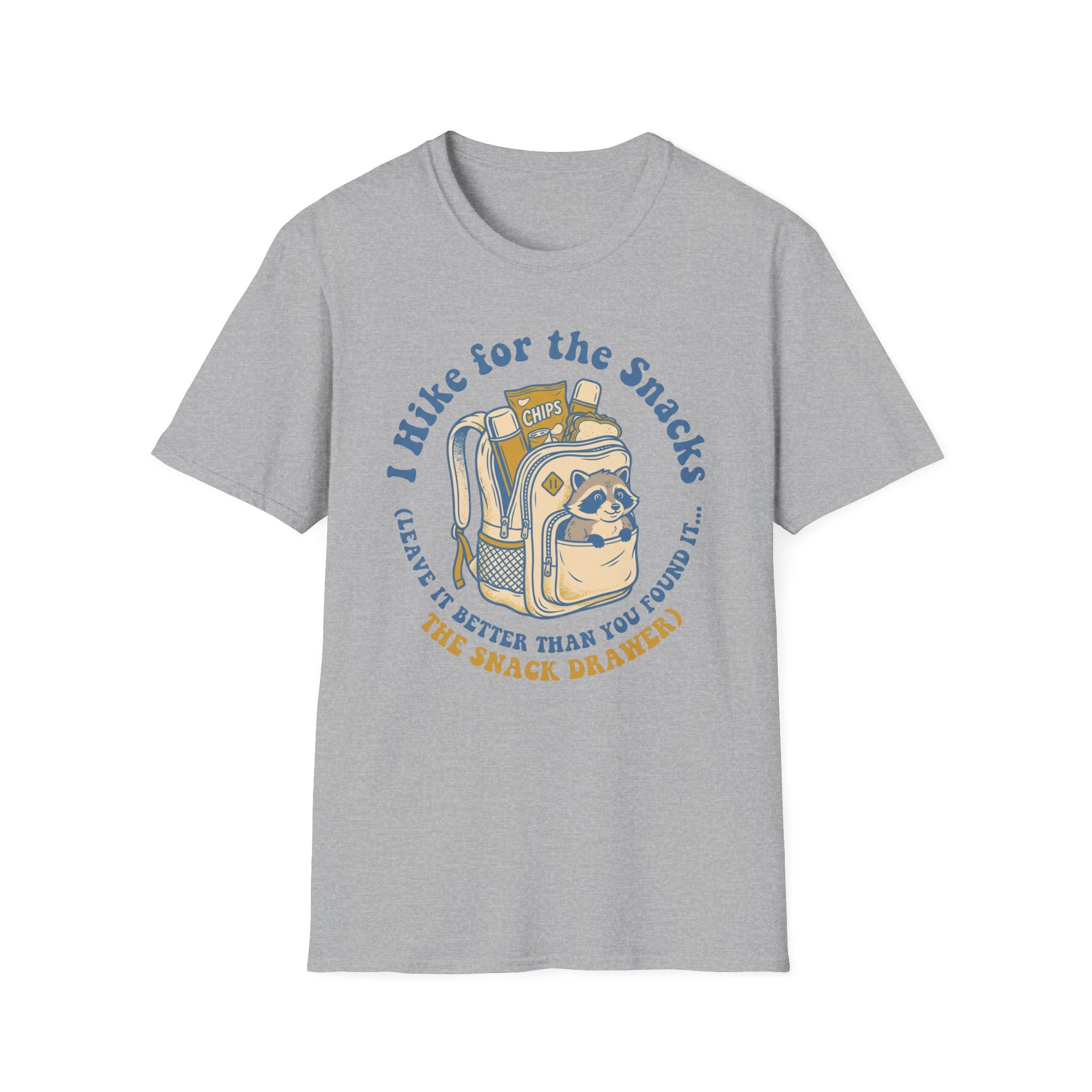 T-Shirt — I Hike for the Snacks Graphic Tee (Backpack Raccoon)