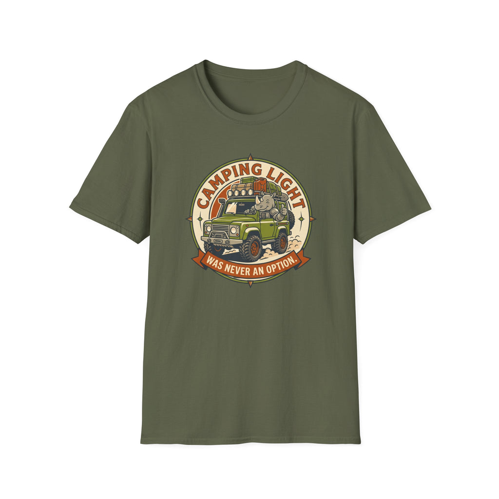 Camping light was never an option – Adventure Graphic Badge Art T-Shirt