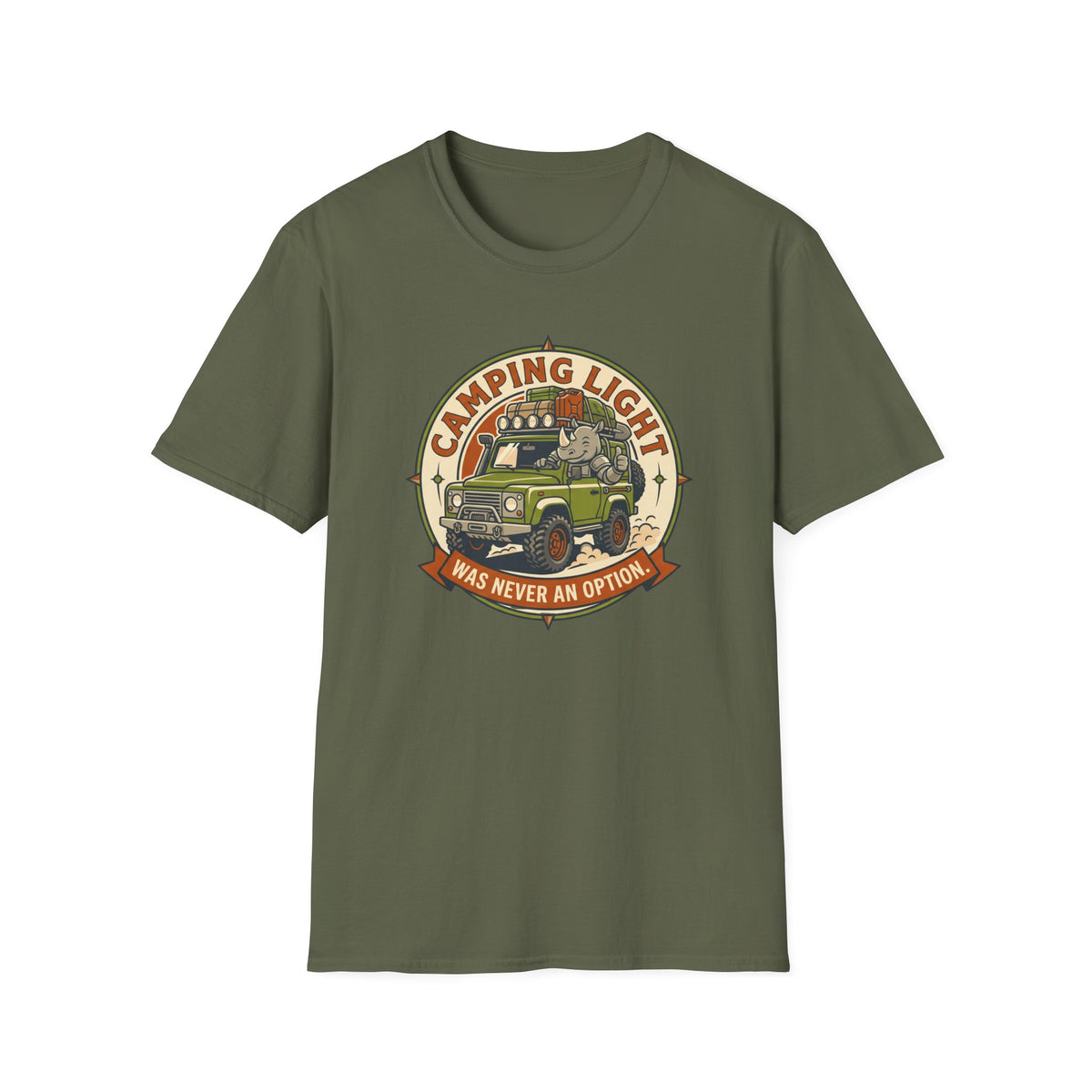 Camping light was never an option – Adventure Graphic Badge Art T-Shirt