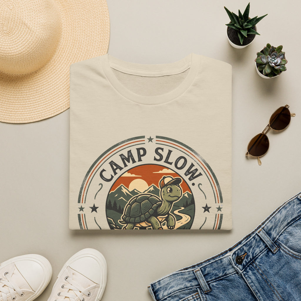 Camp slow wander far tortoise – Adventure Graphic Badge Art T-Shirt