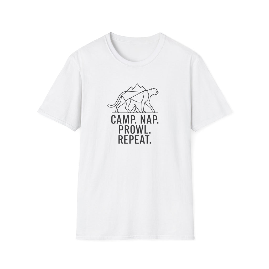 Camp nap prowl repeat cheetah – Adventure Graphic Line Art T-Shirt