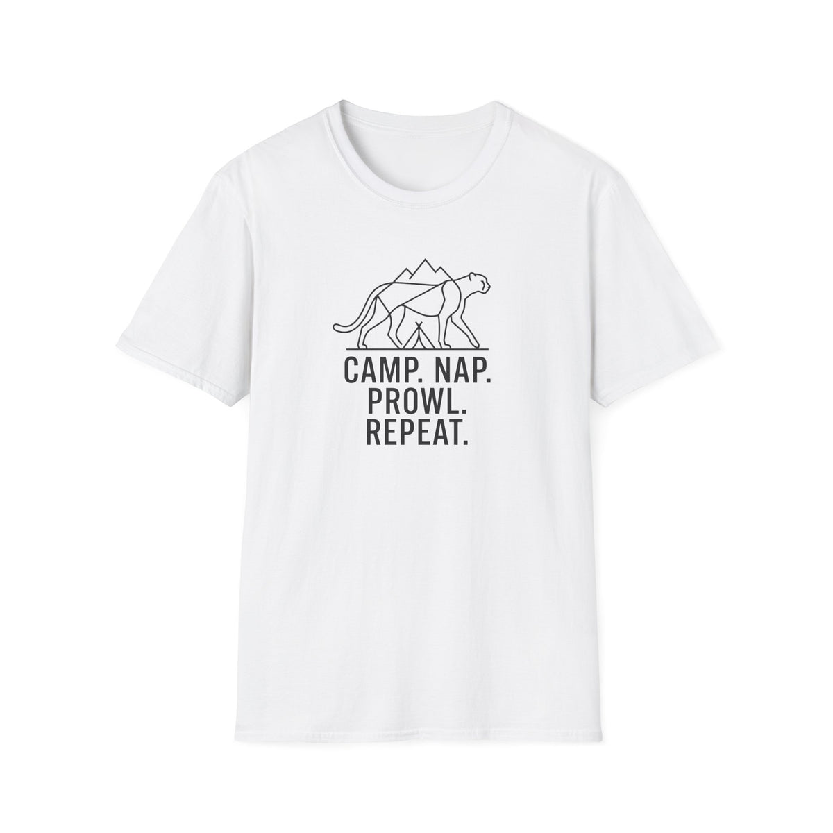 Camp nap prowl repeat cheetah – Adventure Graphic Line Art T-Shirt