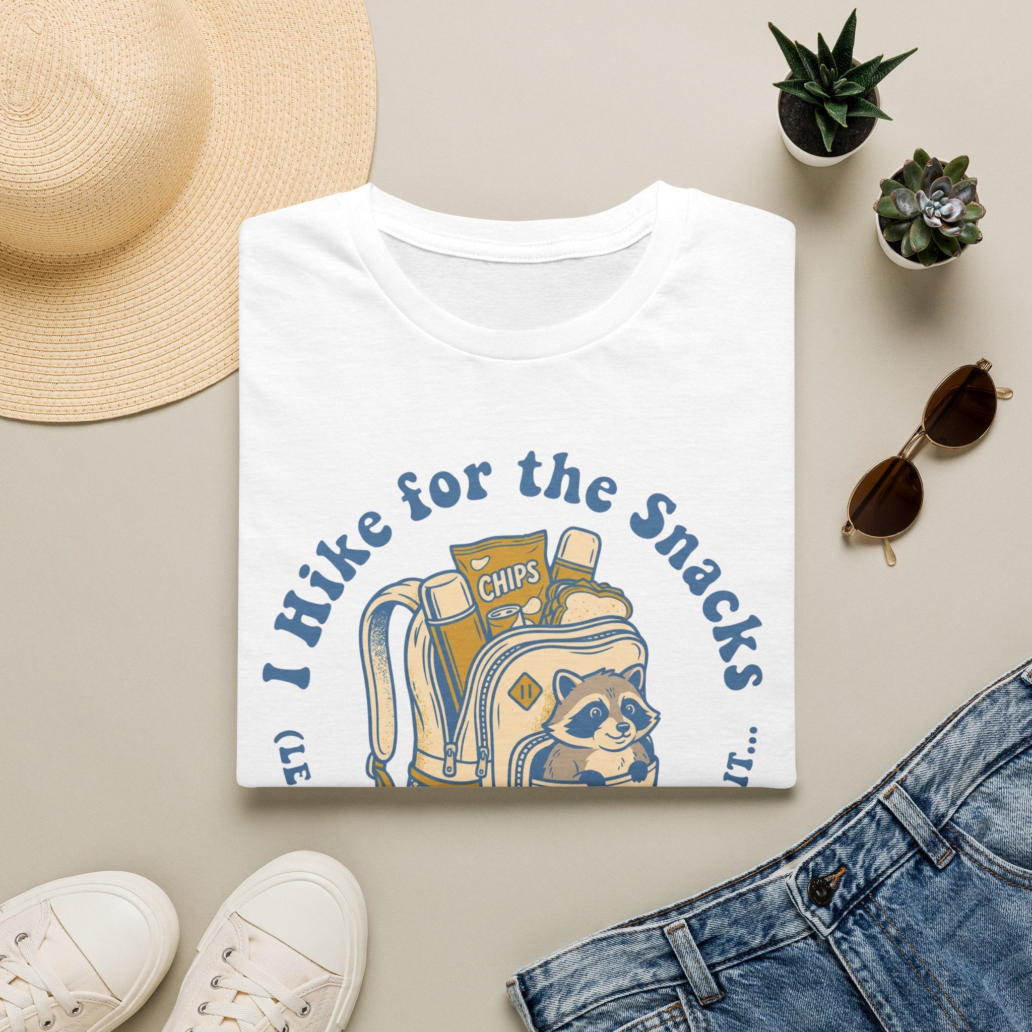 T-Shirt — I Hike for the Snacks Graphic Tee (Backpack Raccoon)