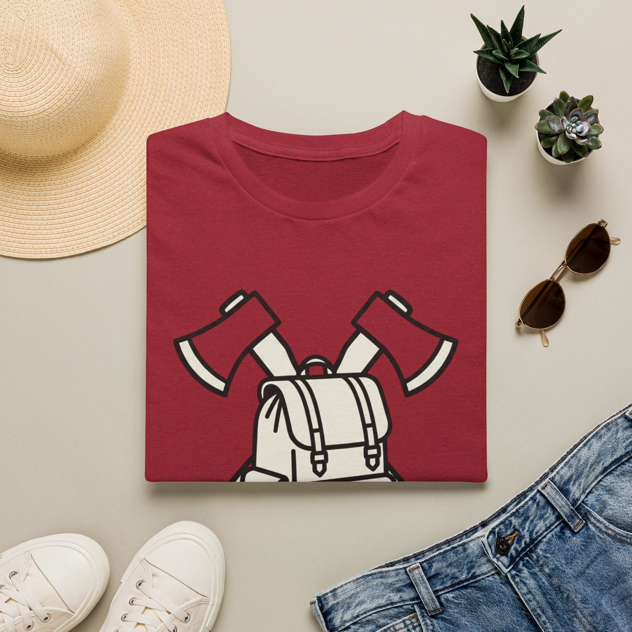Axe and pack gear up – Adventure Graphic Line Art T-Shirt