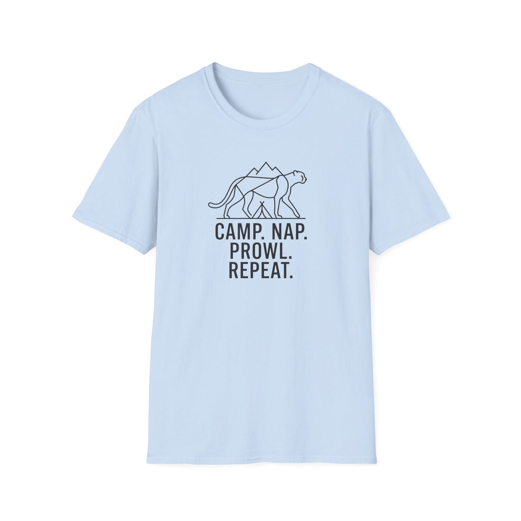 Camp nap prowl repeat cheetah – Adventure Graphic Line Art T-Shirt