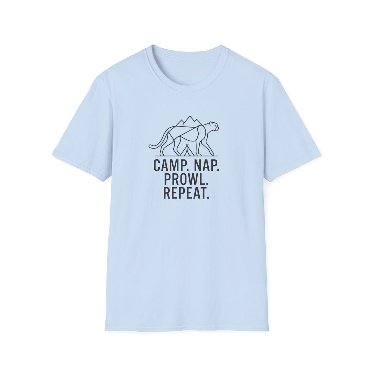Camp nap prowl repeat cheetah – Adventure Graphic Line Art T-Shirt