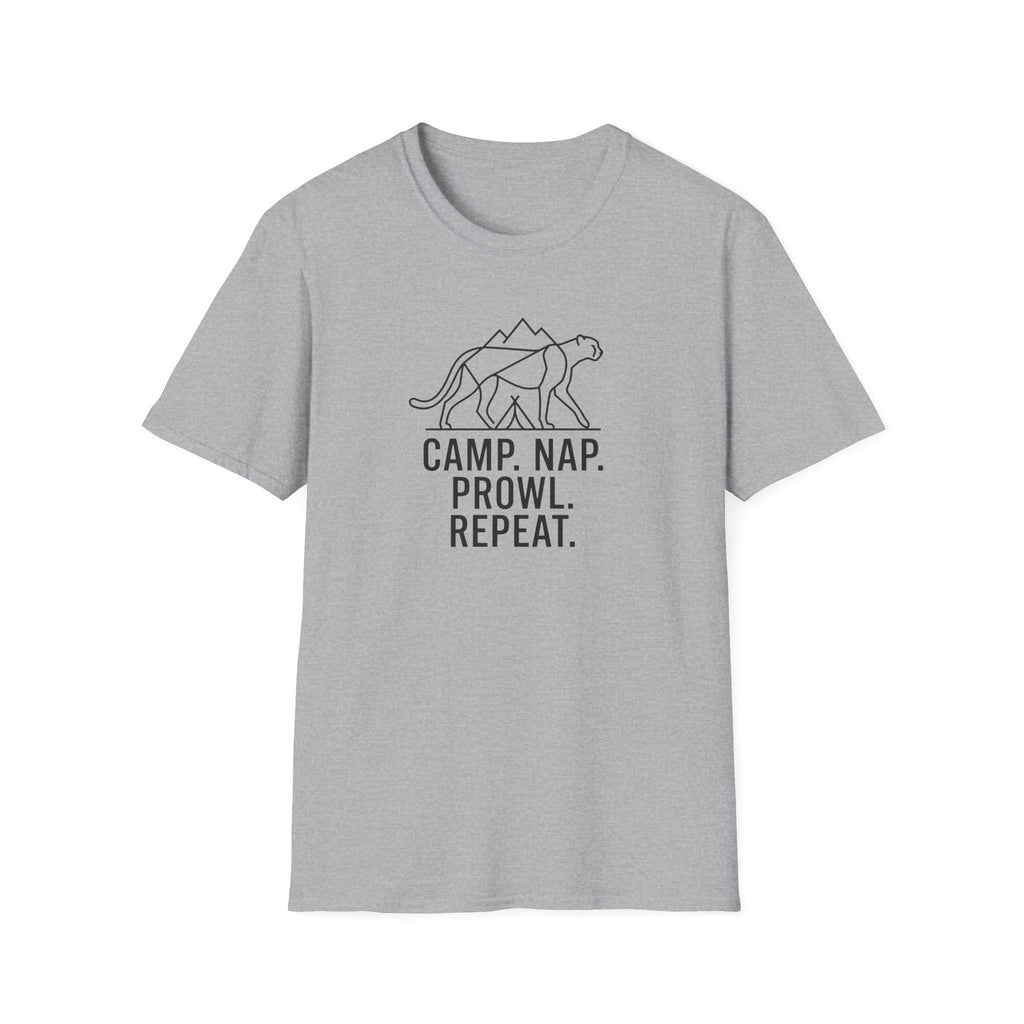 Camp nap prowl repeat cheetah – Adventure Graphic Line Art T-Shirt
