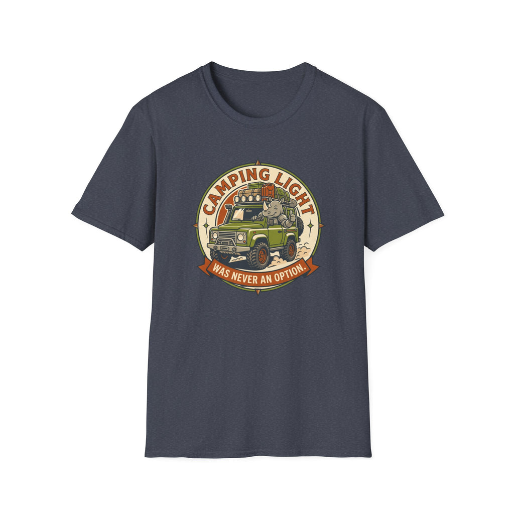 Camping light was never an option – Adventure Graphic Badge Art T-Shirt