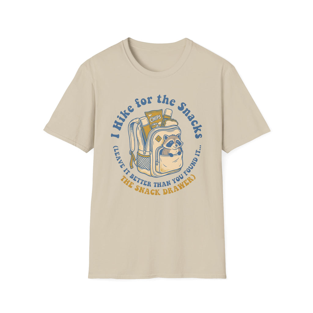 T-Shirt — I Hike for the Snacks Graphic Tee (Backpack Raccoon)