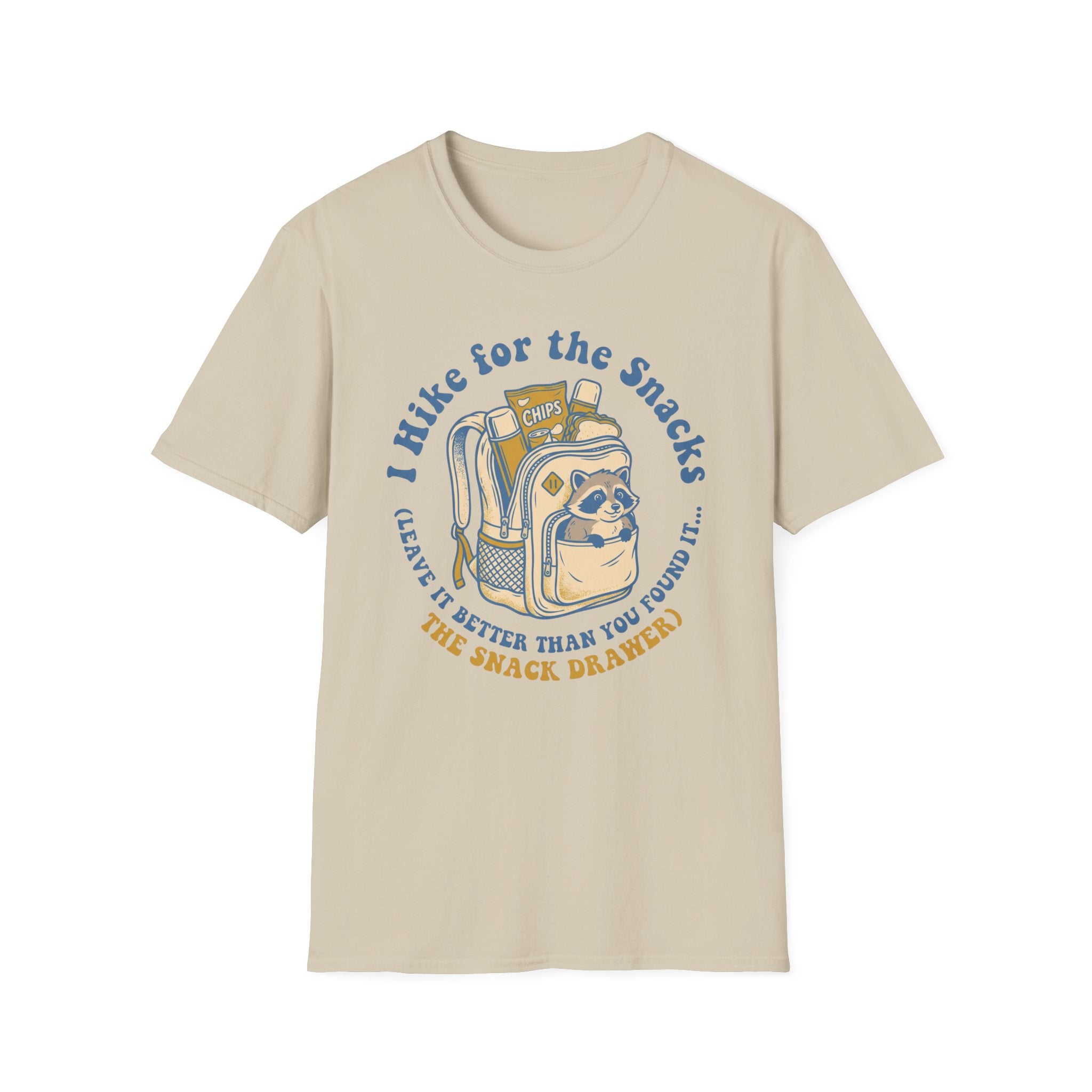 T-Shirt — I Hike for the Snacks Graphic Tee (Backpack Raccoon)