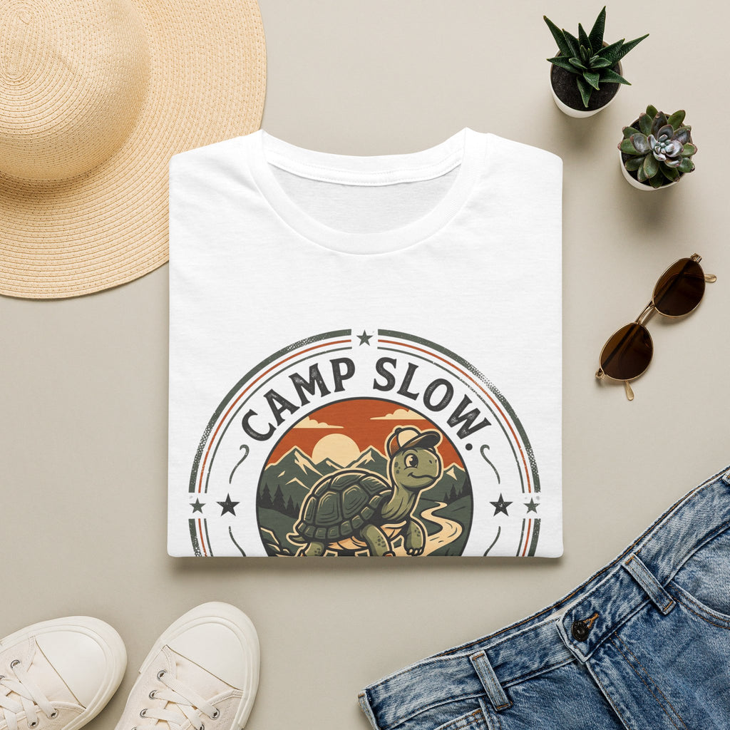 Camp slow wander far tortoise – Adventure Graphic Badge Art T-Shirt