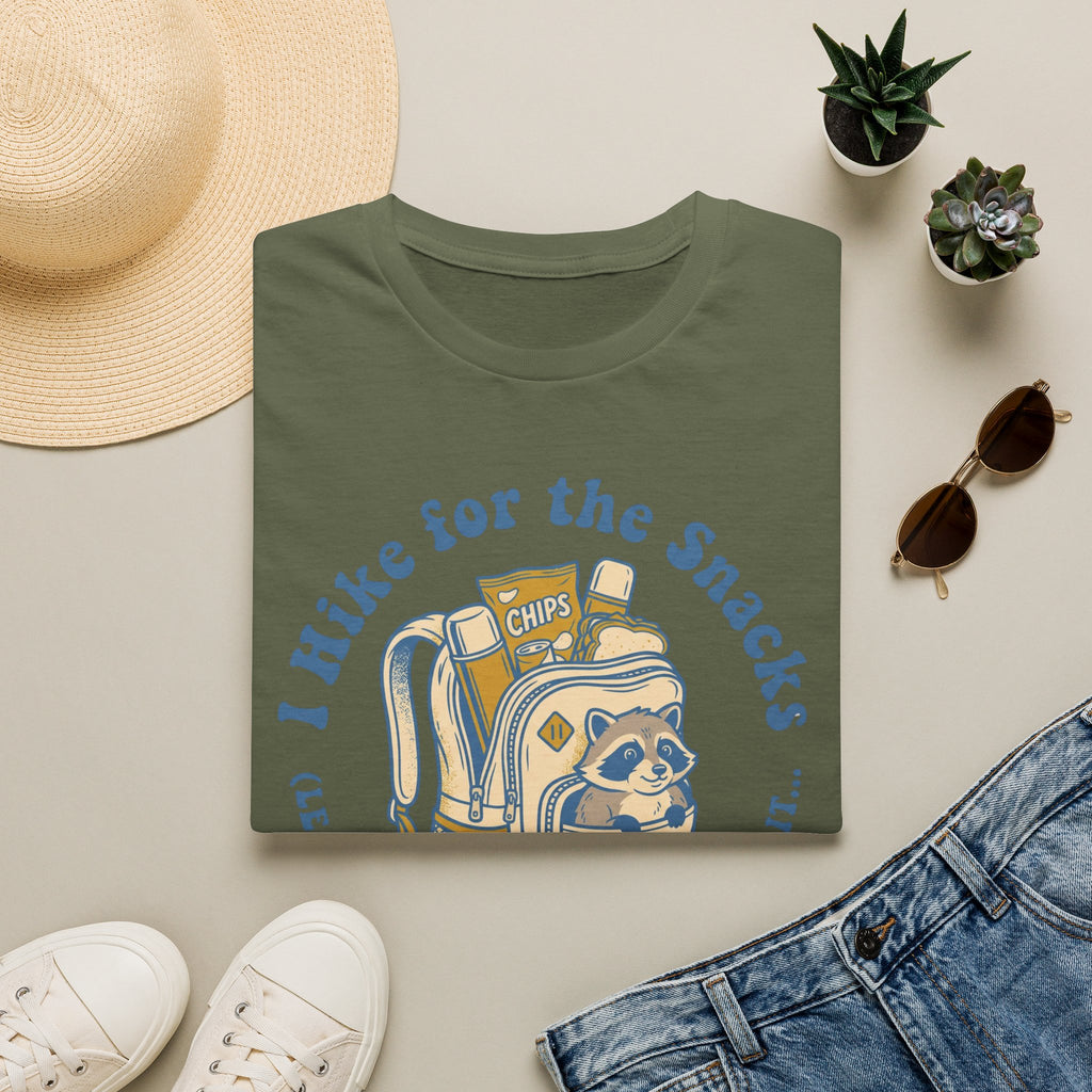 T-Shirt — I Hike for the Snacks Graphic Tee (Backpack Raccoon)