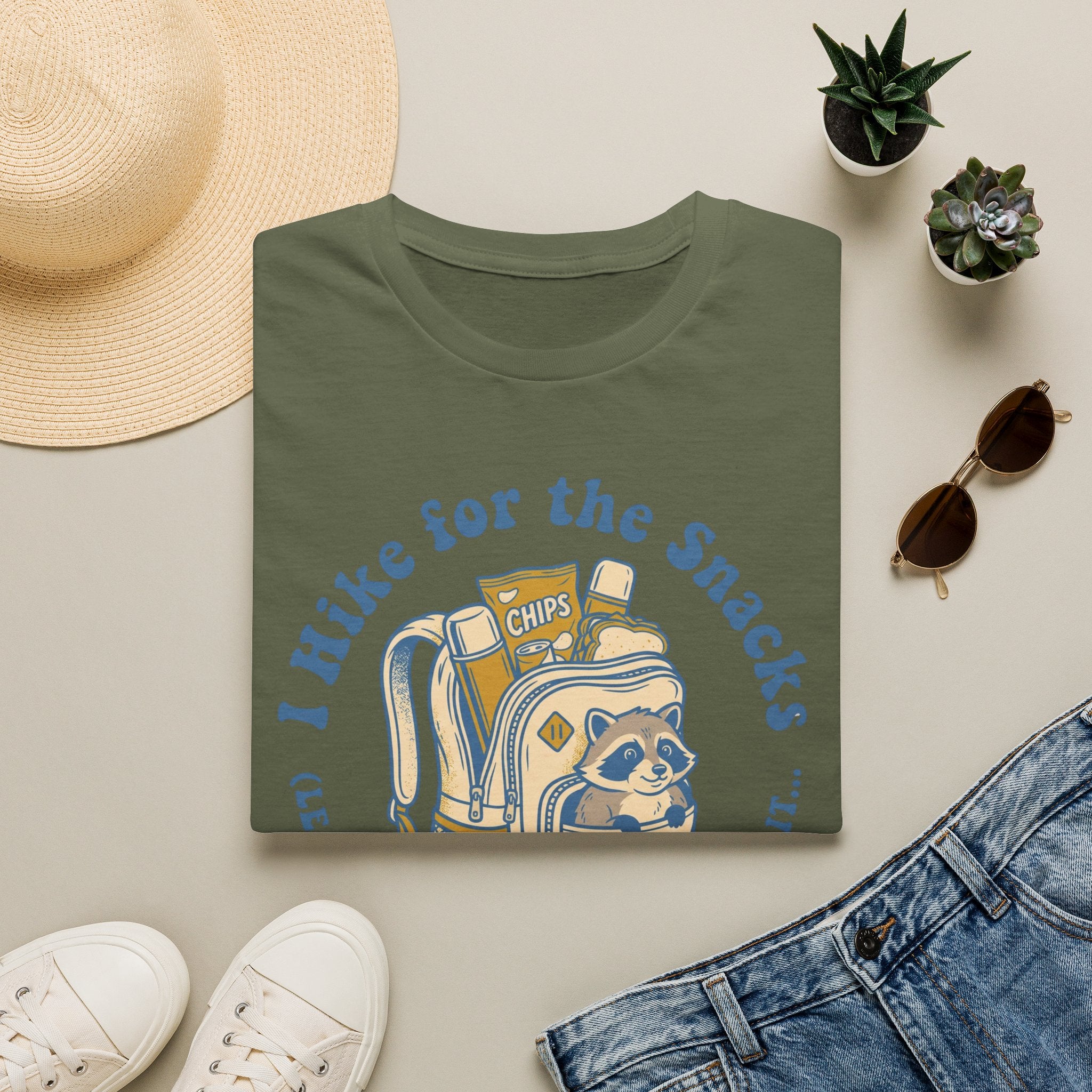 T-Shirt — I Hike for the Snacks Graphic Tee (Backpack Raccoon)