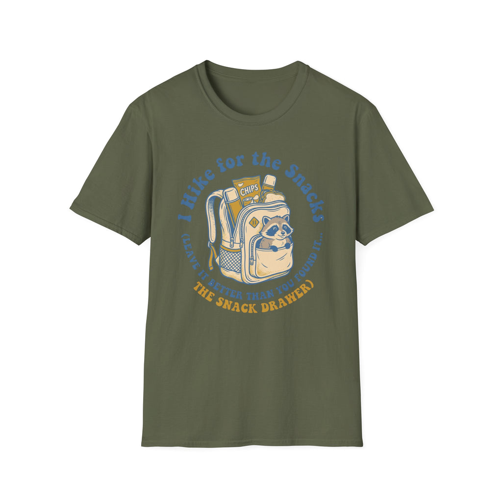 T-Shirt — I Hike for the Snacks Graphic Tee (Backpack Raccoon)
