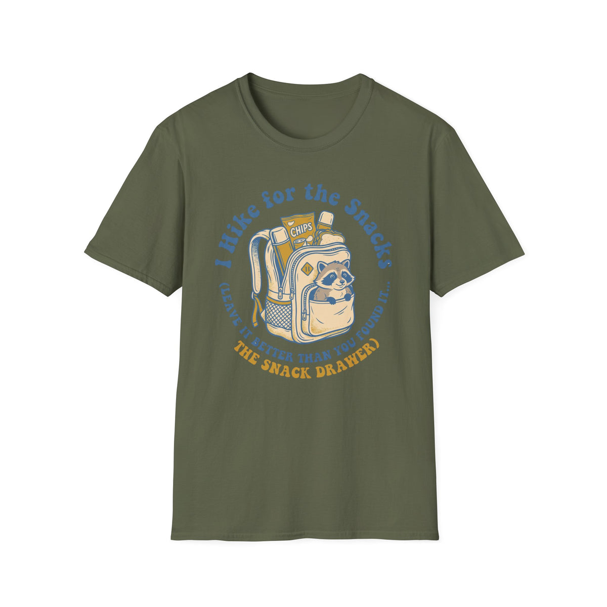 T-Shirt — I Hike for the Snacks Graphic Tee (Backpack Raccoon)