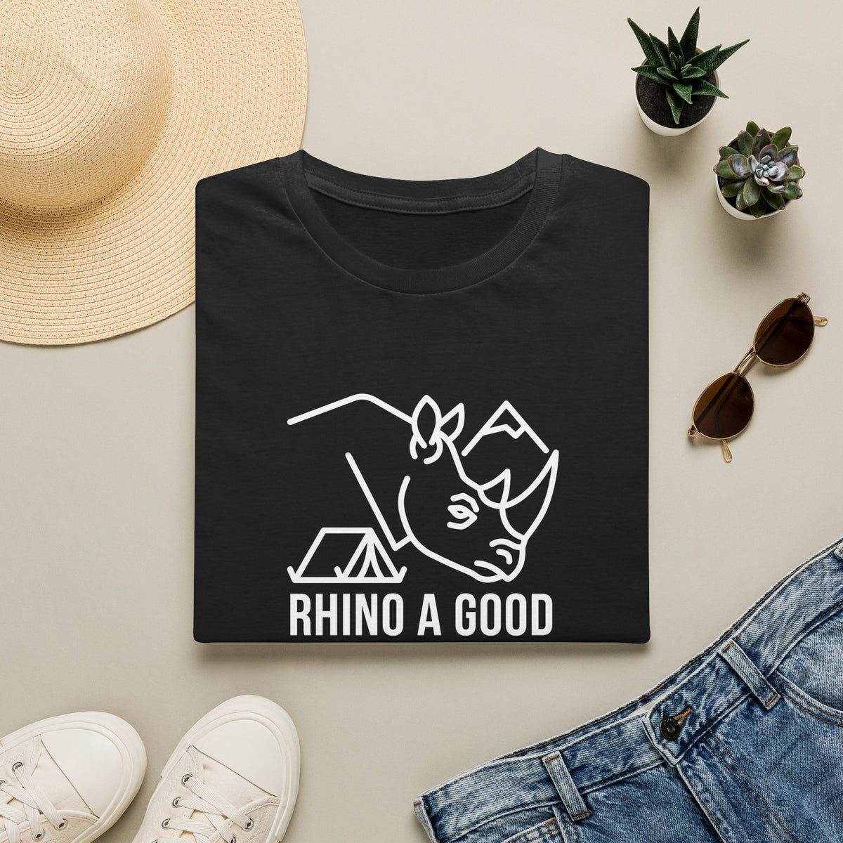 Rhino a good camping spot – Adventure Graphic Line Art T-Shirt