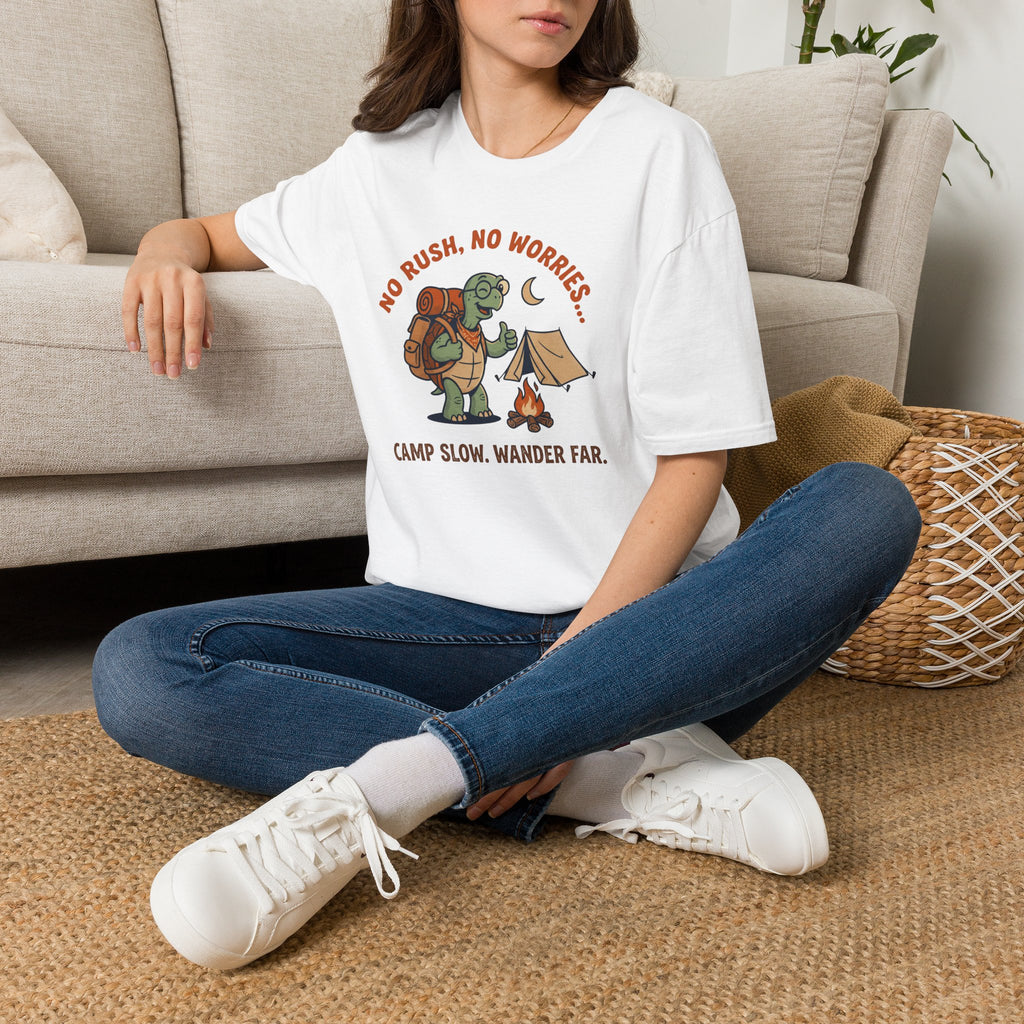 Camp slow wander far tortoise – Adventure Graphic Cartoon Art T-Shirt