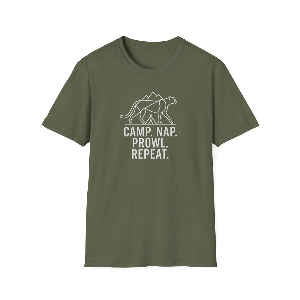 Camp nap prowl repeat cheetah – Adventure Graphic Line Art T-Shirt