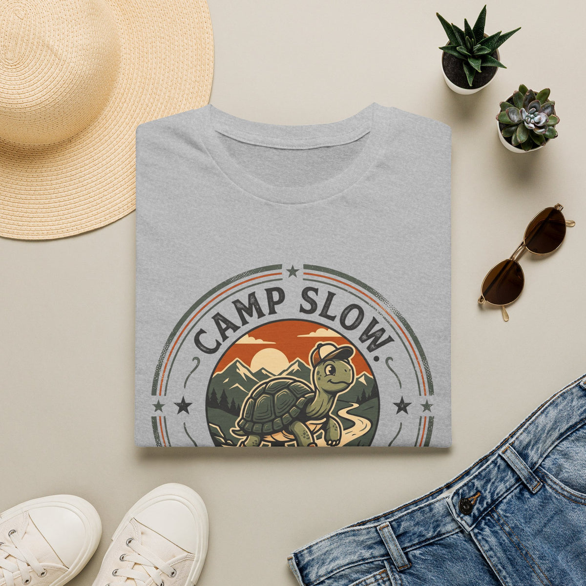Camp slow wander far tortoise – Adventure Graphic Badge Art T-Shirt