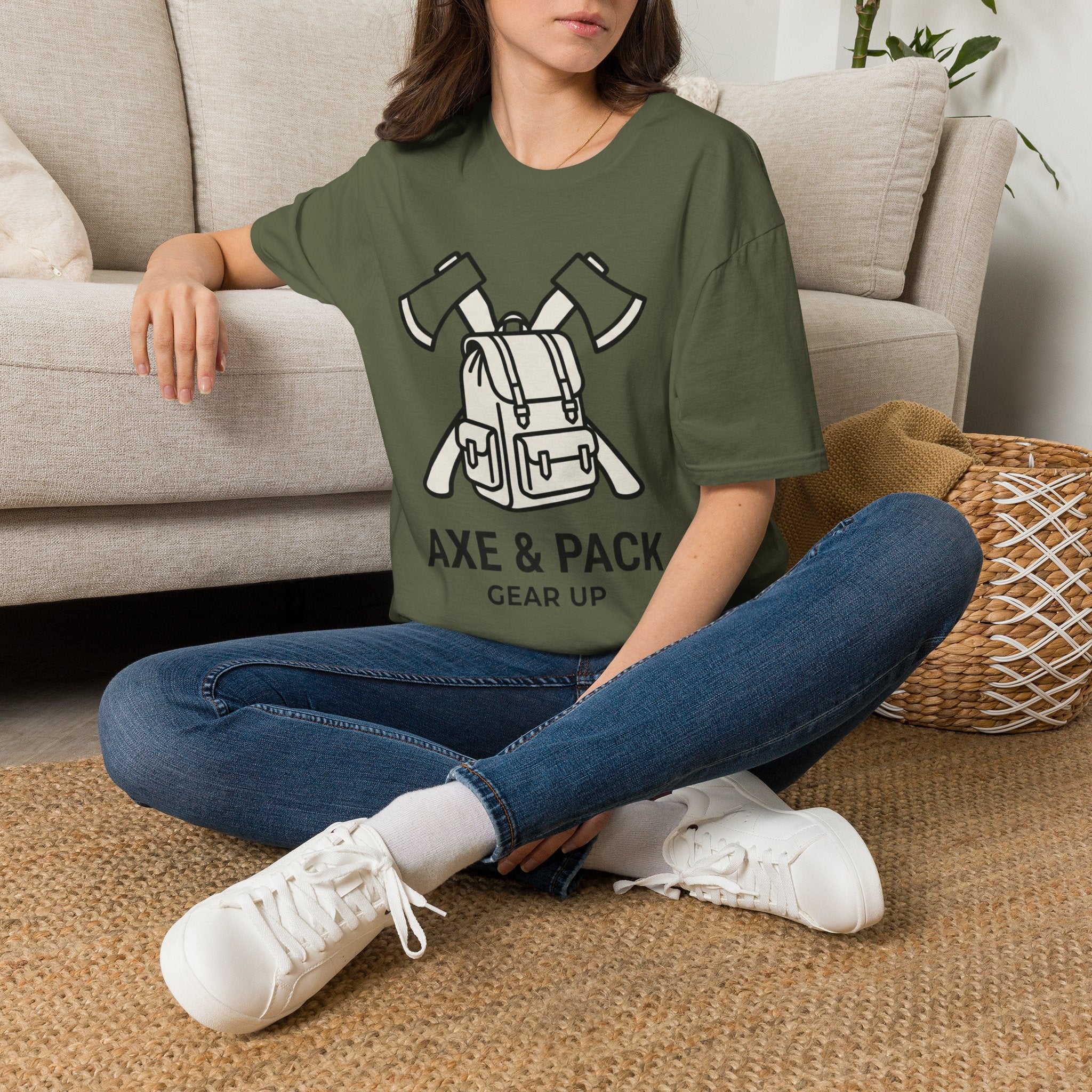 Axe and pack gear up – Adventure Graphic Line Art T-Shirt