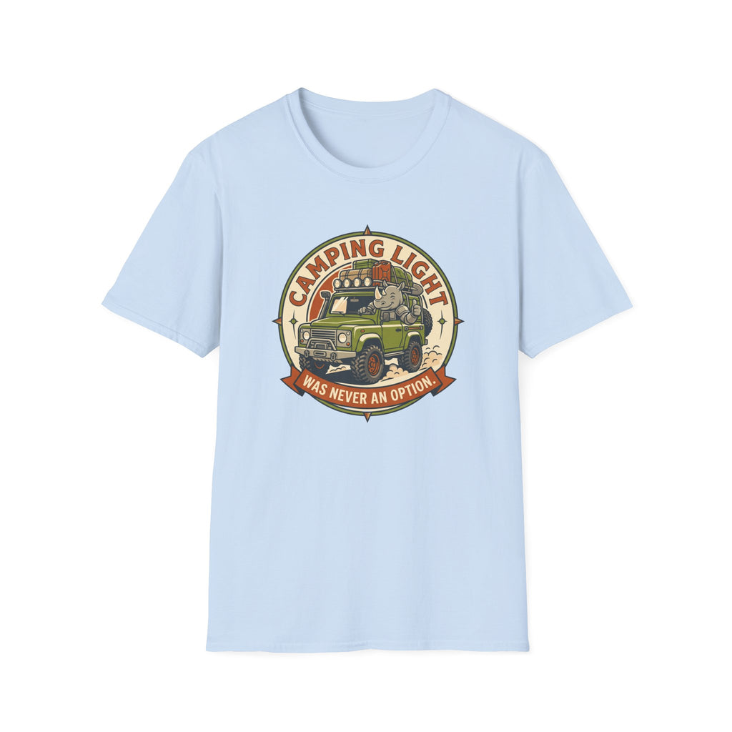 Camping light was never an option – Adventure Graphic Badge Art T-Shirt