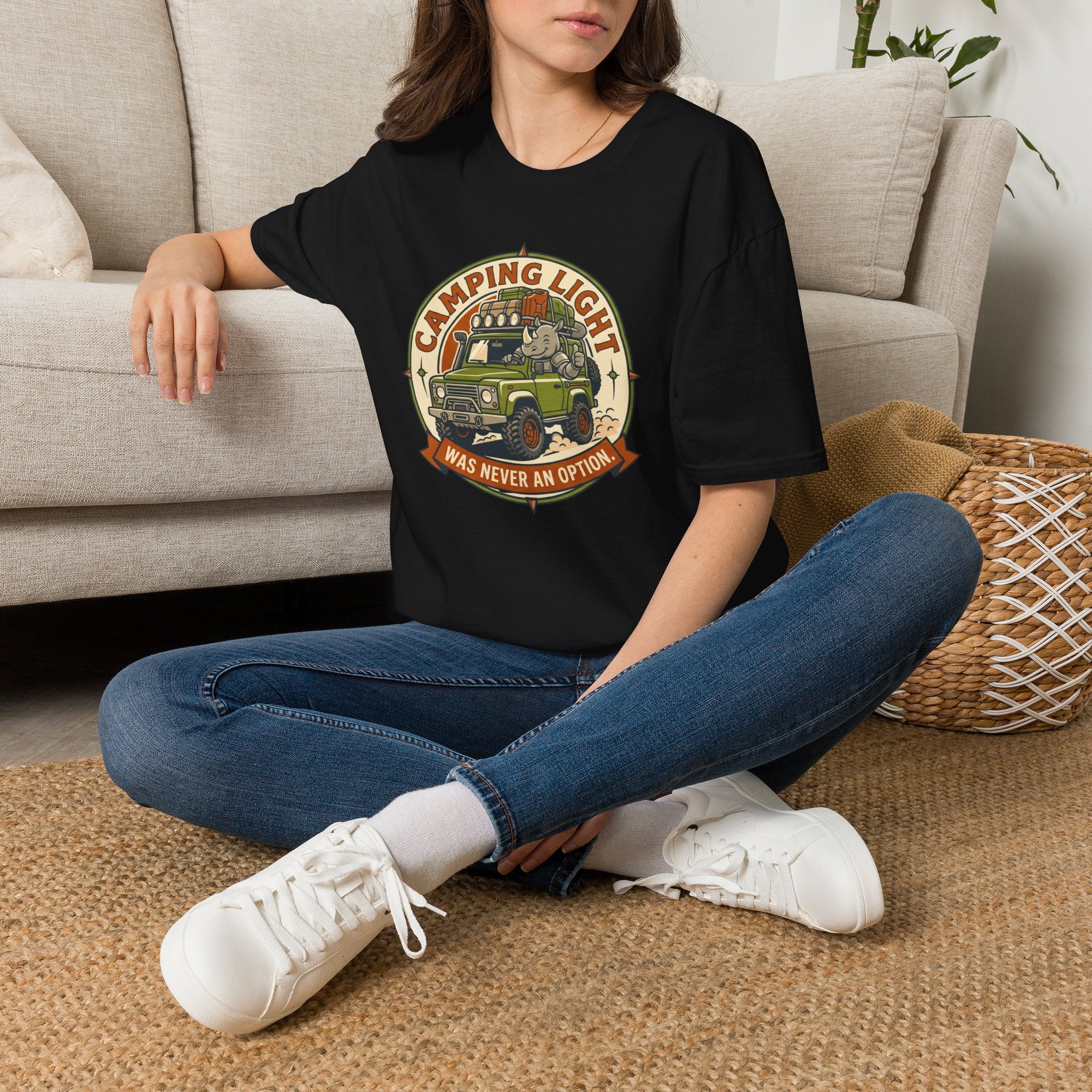 Camping light was never an option – Adventure Graphic Badge Art T-Shirt