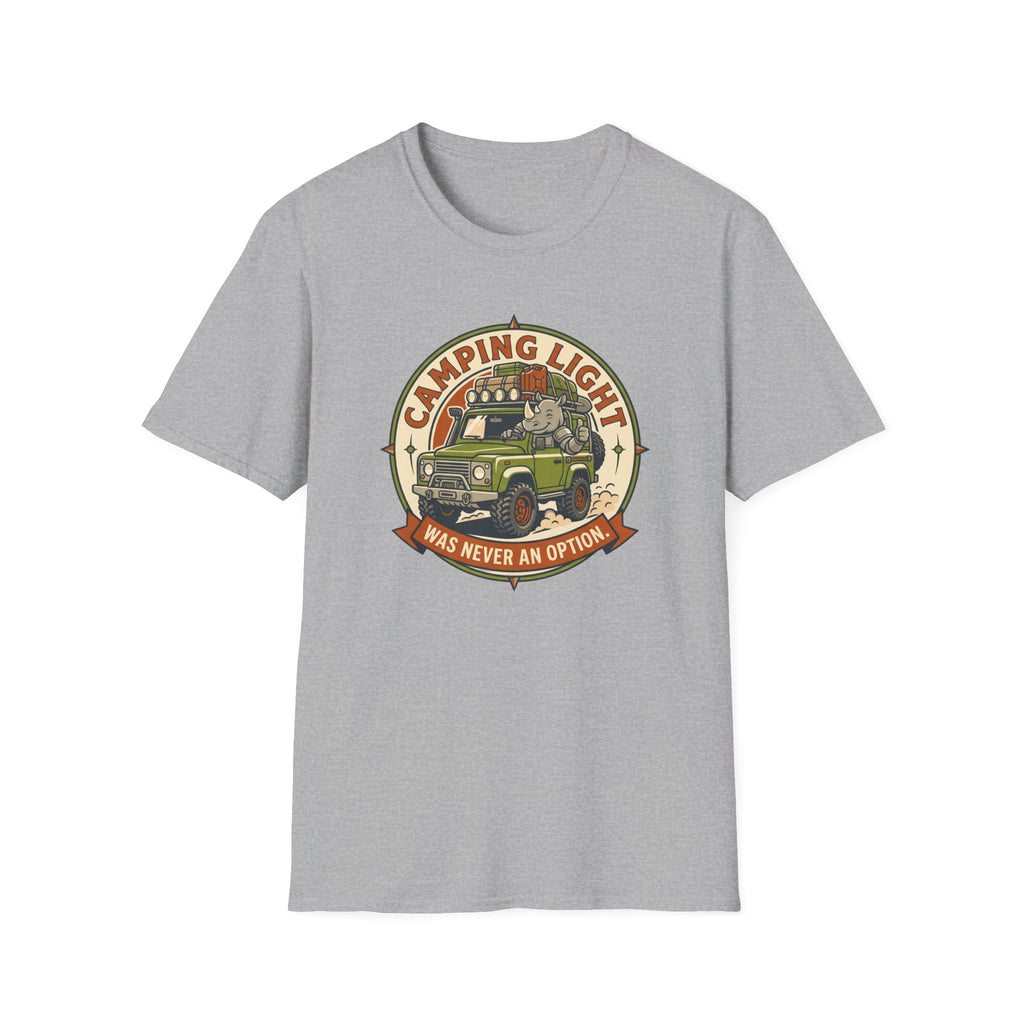 Camping light was never an option – Adventure Graphic Badge Art T-Shirt
