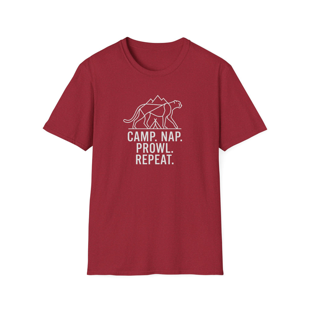 Camp nap prowl repeat cheetah – Adventure Graphic Line Art T-Shirt