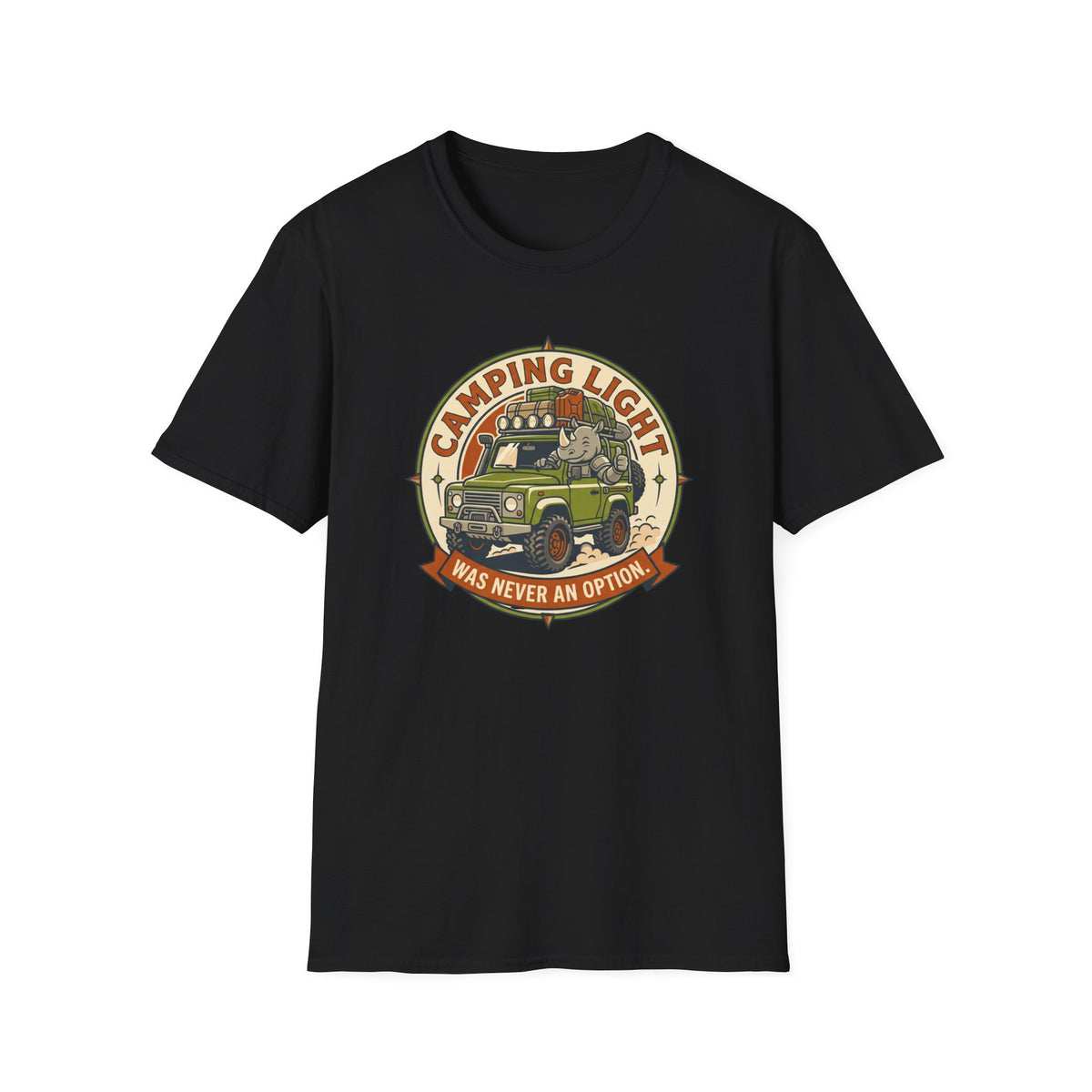 Camping light was never an option – Adventure Graphic Badge Art T-Shirt