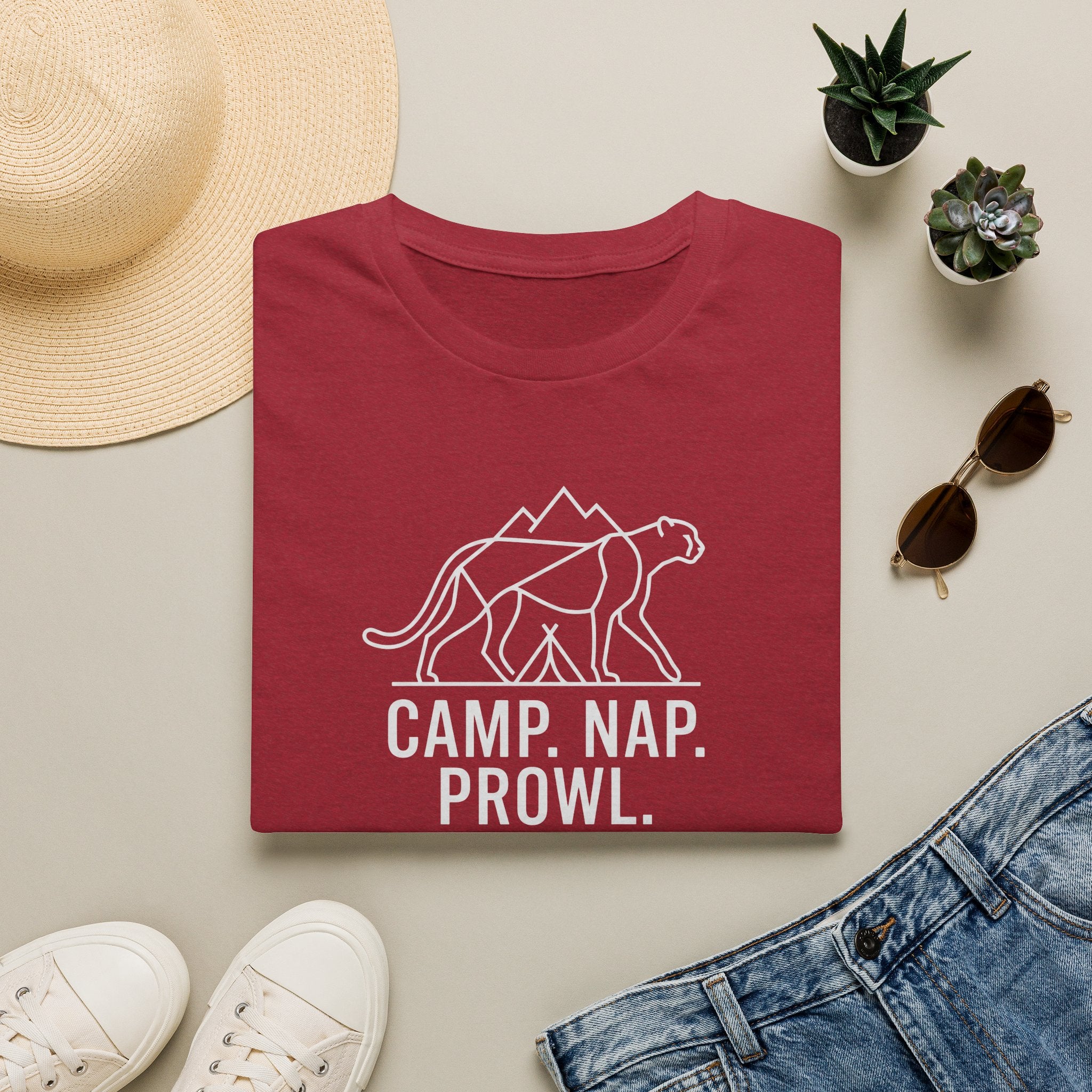 Camp nap prowl repeat cheetah – Adventure Graphic Line Art T-Shirt