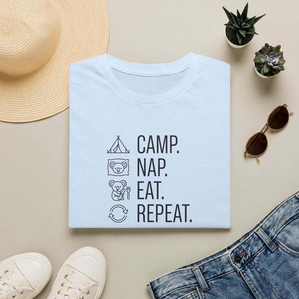 Camp nap eat repeat koala – Adventure Graphic Line Art T-Shirt