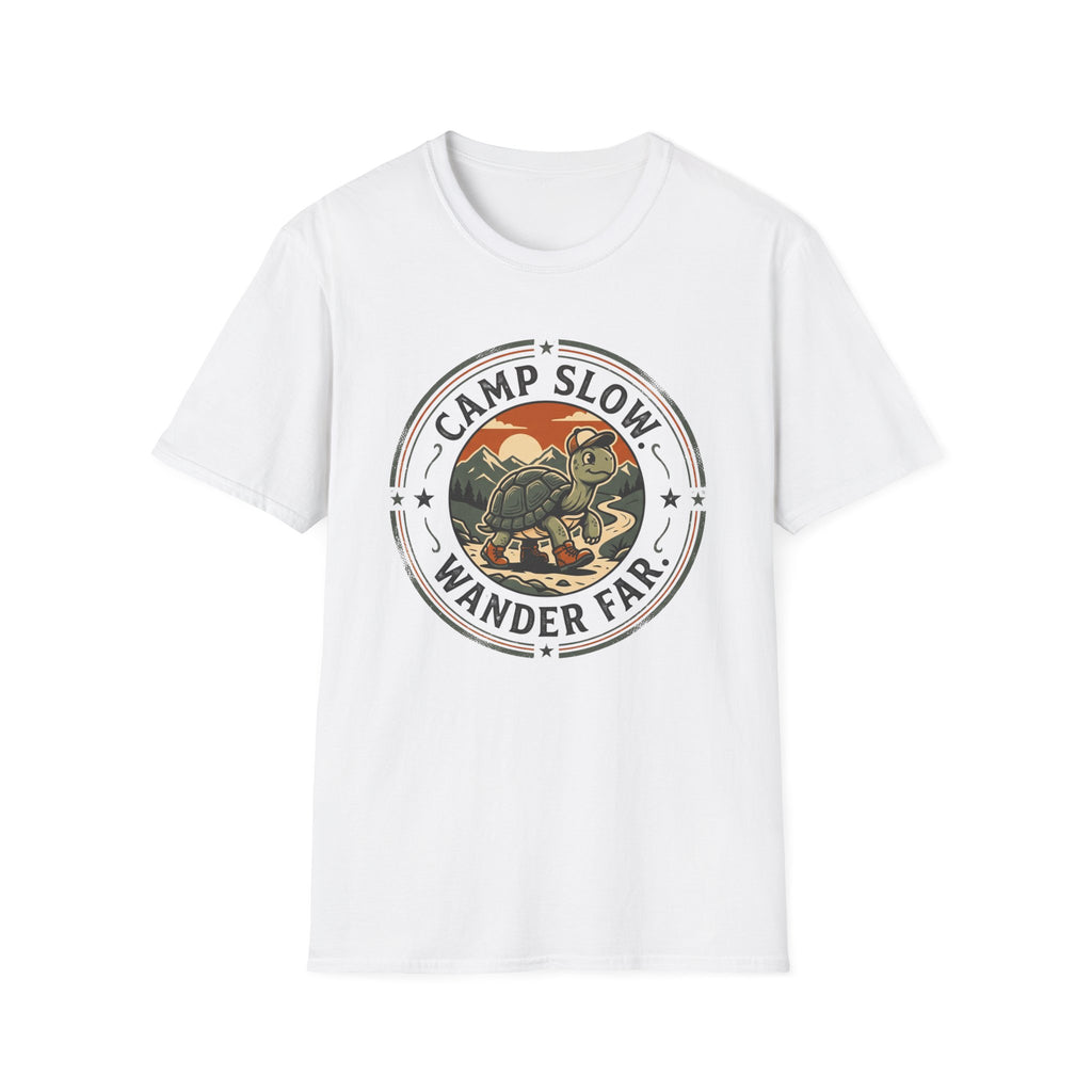 Camp slow wander far tortoise – Adventure Graphic Badge Art T-Shirt