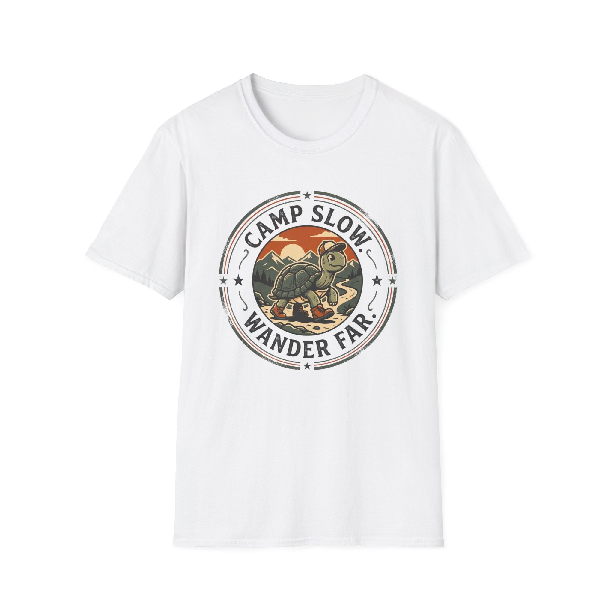 Camp slow wander far tortoise – Adventure Graphic Badge Art T-Shirt