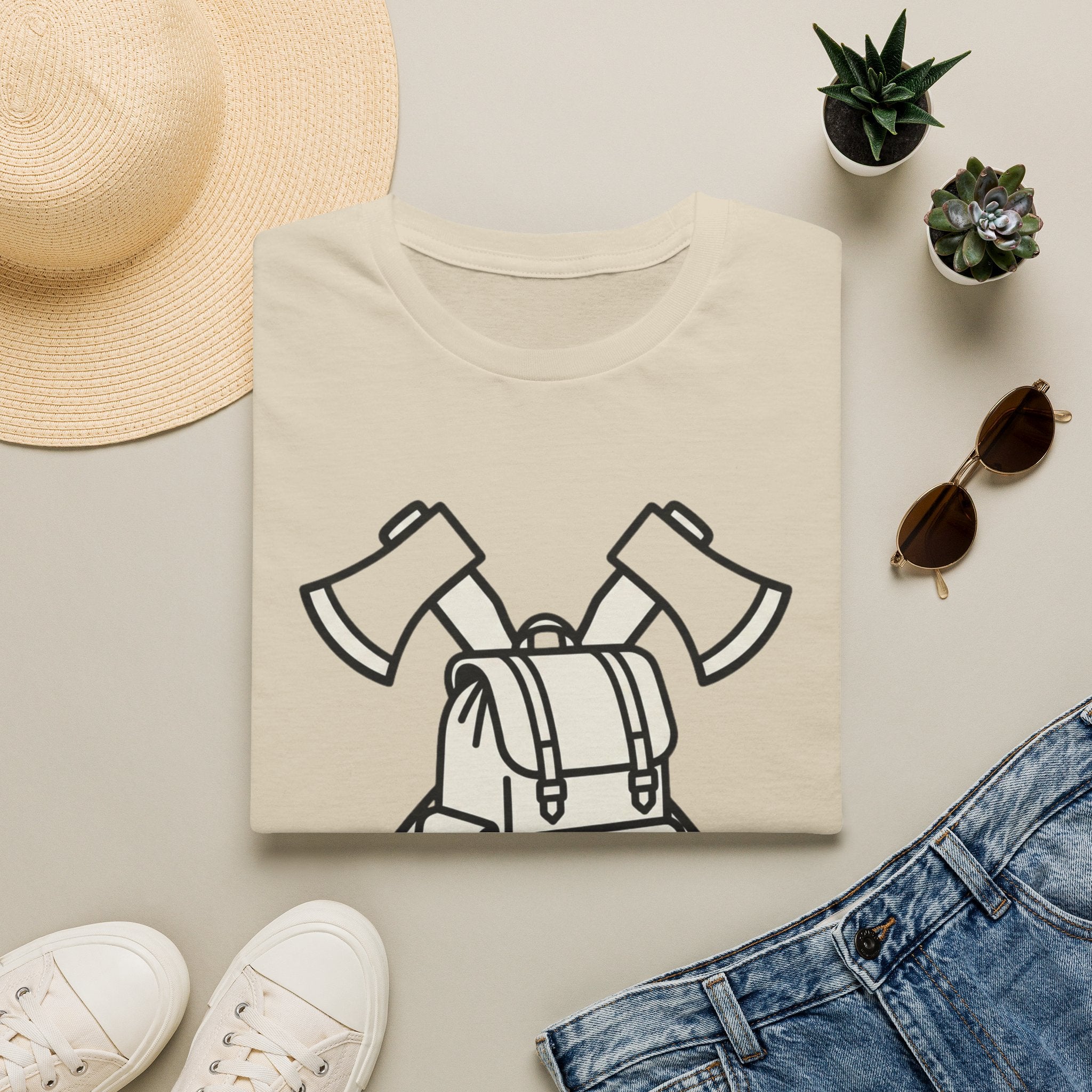 Axe and pack gear up – Adventure Graphic Line Art T-Shirt