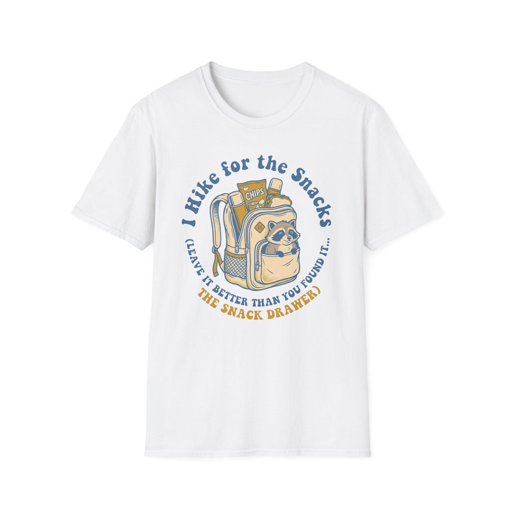 T-Shirt — I Hike for the Snacks Graphic Tee (Backpack Raccoon)