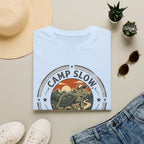 Camp slow wander far tortoise – Adventure Graphic Badge Art T-Shirt