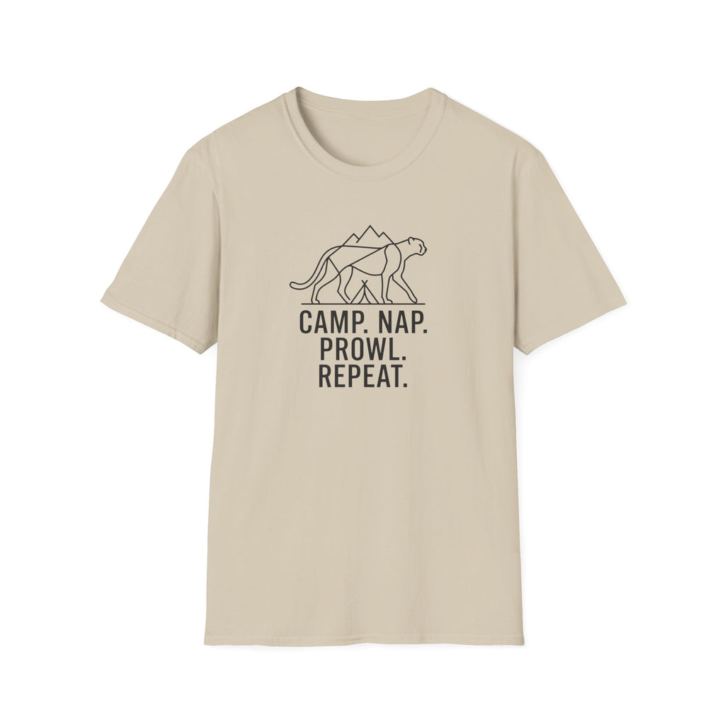 Camp nap prowl repeat cheetah – Adventure Graphic Line Art T-Shirt