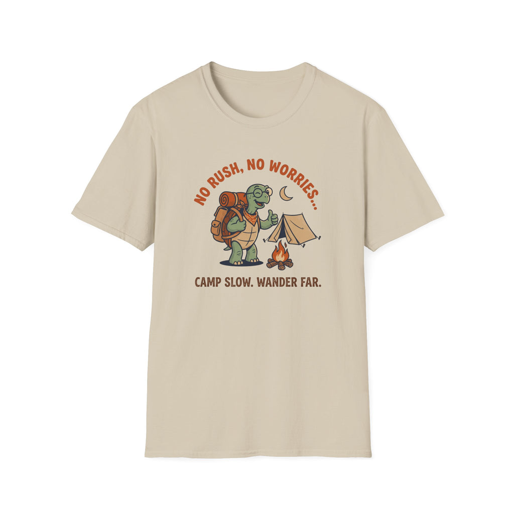 Camp slow wander far tortoise – Adventure Graphic Cartoon Art T-Shirt