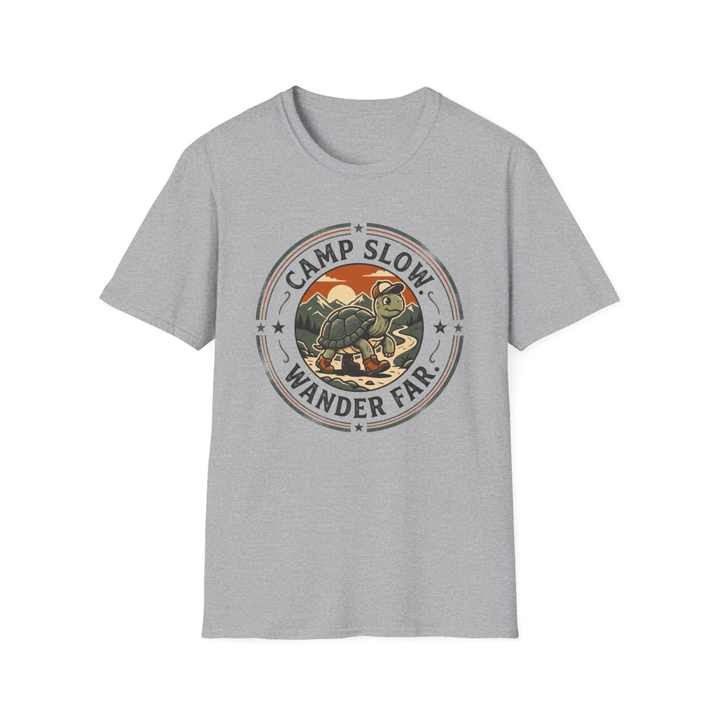 Camp slow wander far tortoise – Adventure Graphic Badge Art T-Shirt