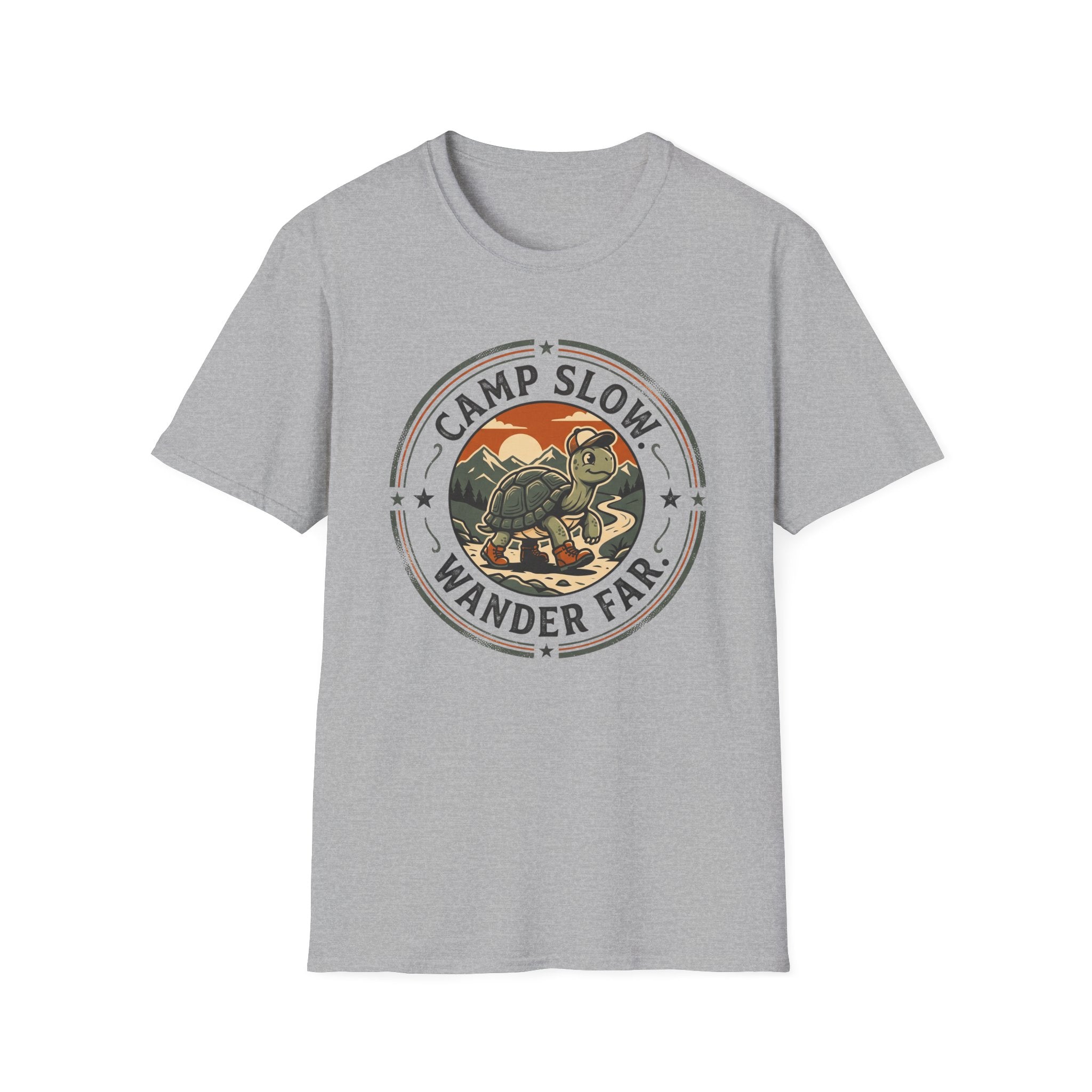 Camp slow wander far tortoise – Adventure Graphic Badge Art T-Shirt
