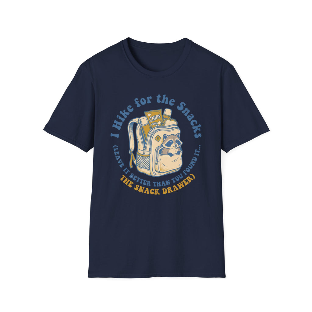 T-Shirt — I Hike for the Snacks Graphic Tee (Backpack Raccoon)