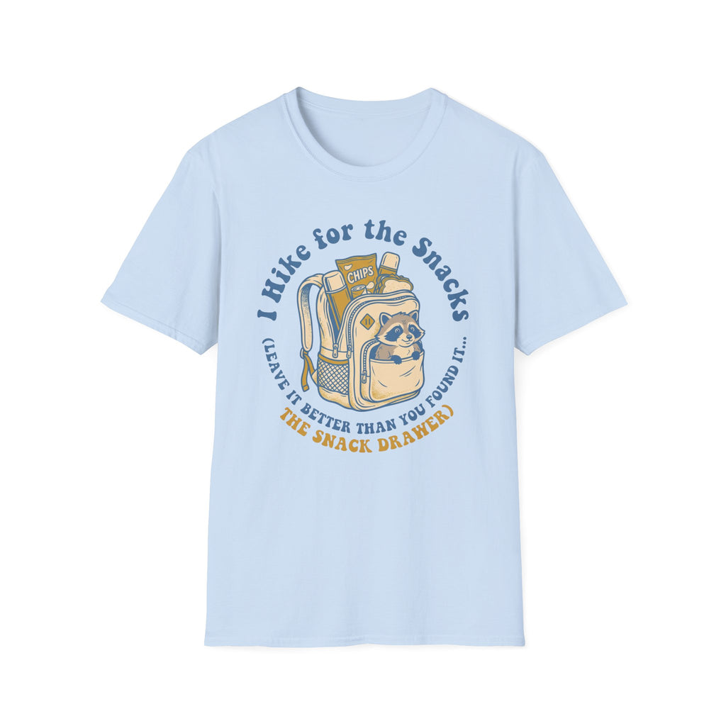 T-Shirt — I Hike for the Snacks Graphic Tee (Backpack Raccoon)