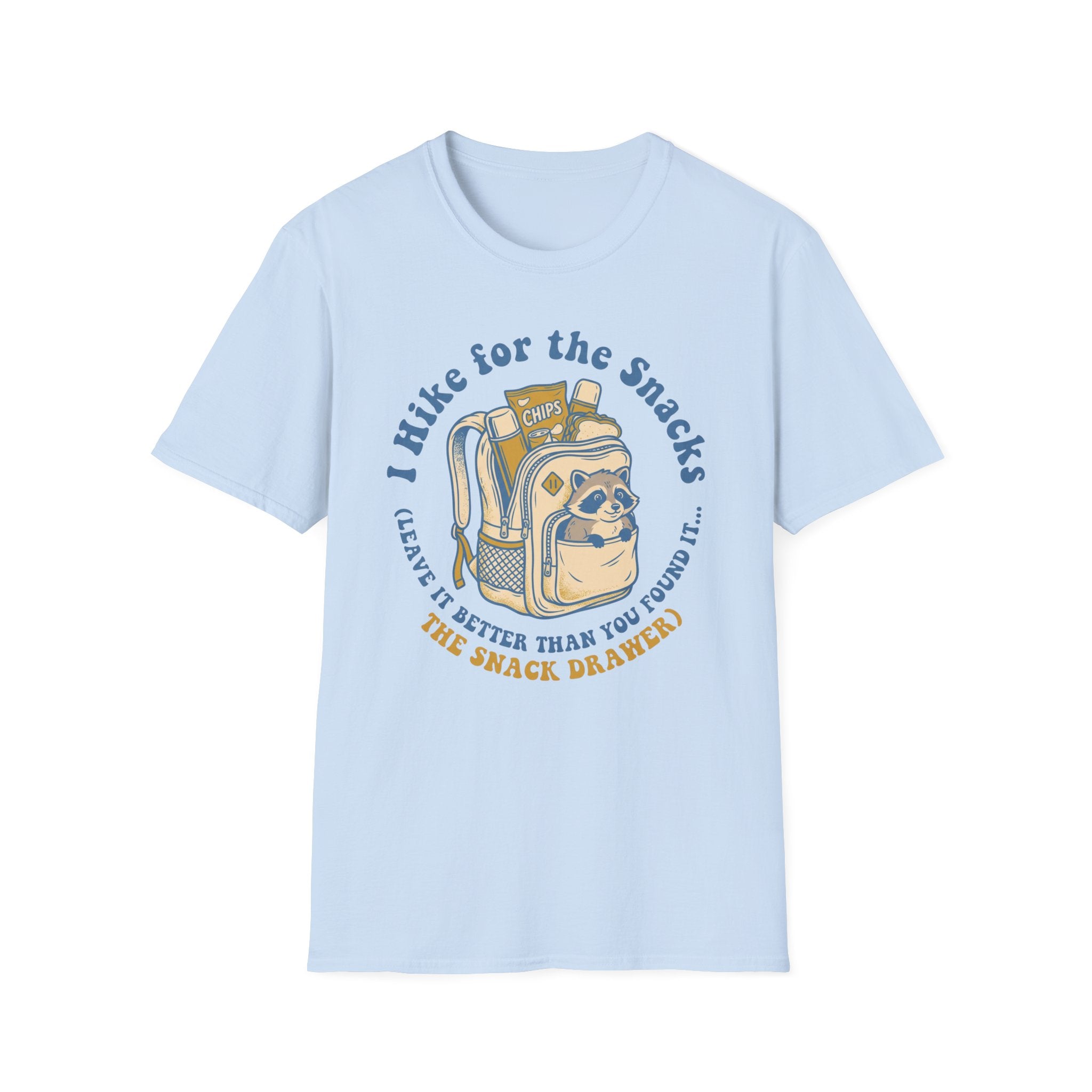 T-Shirt — I Hike for the Snacks Graphic Tee (Backpack Raccoon)