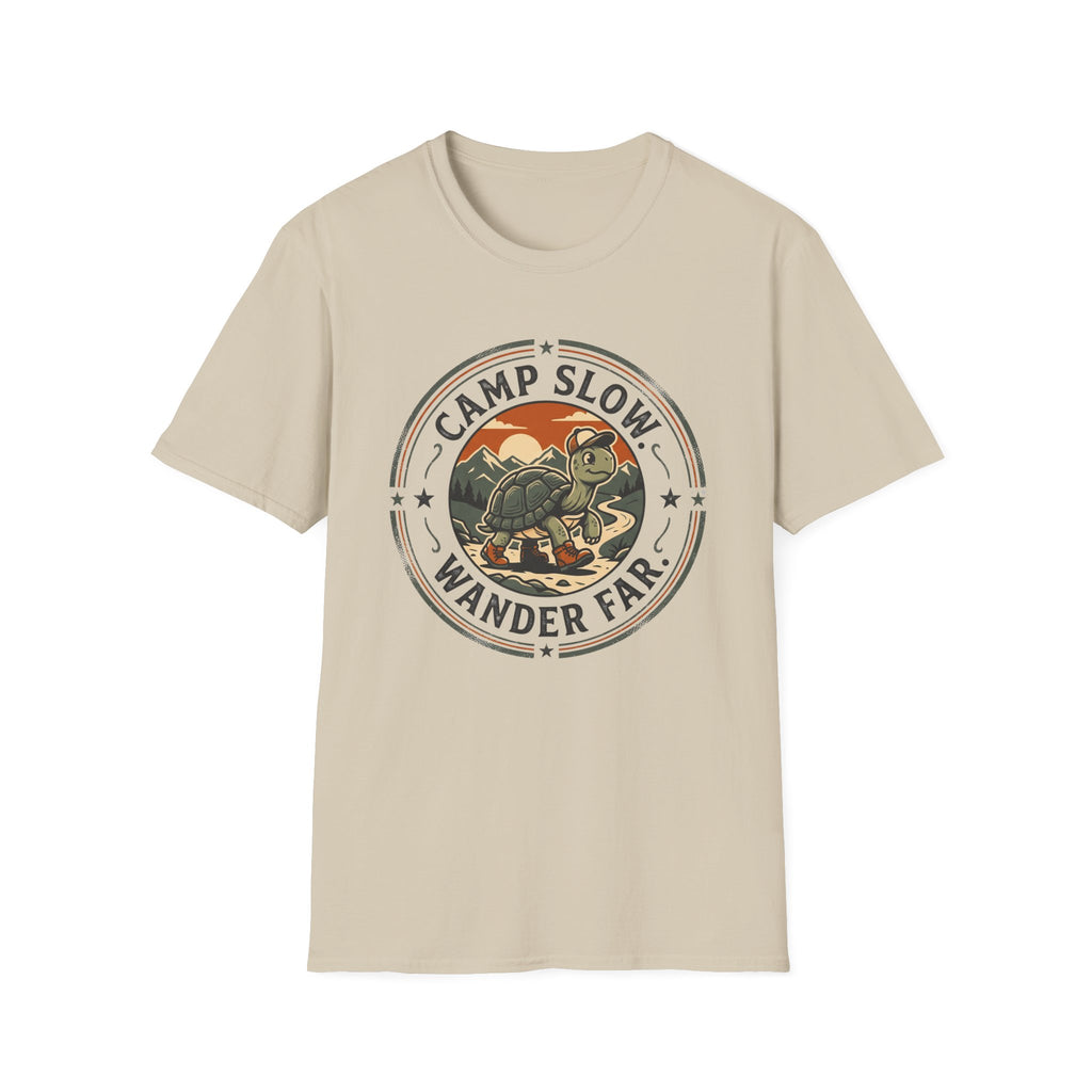 Camp slow wander far tortoise – Adventure Graphic Badge Art T-Shirt
