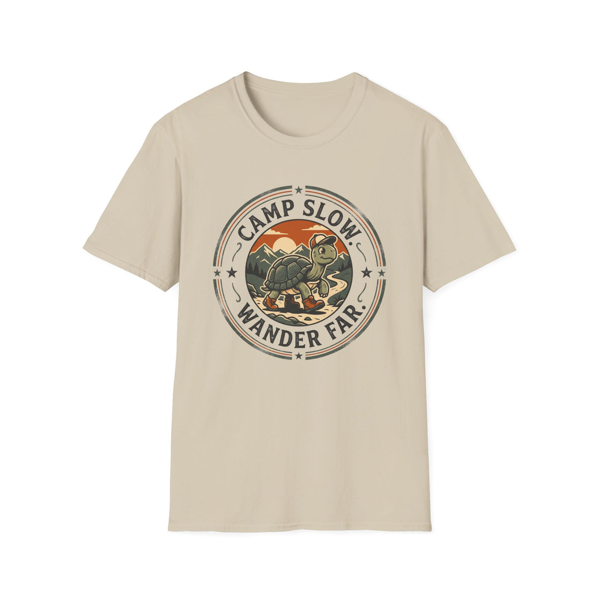 Camp slow wander far tortoise – Adventure Graphic Badge Art T-Shirt