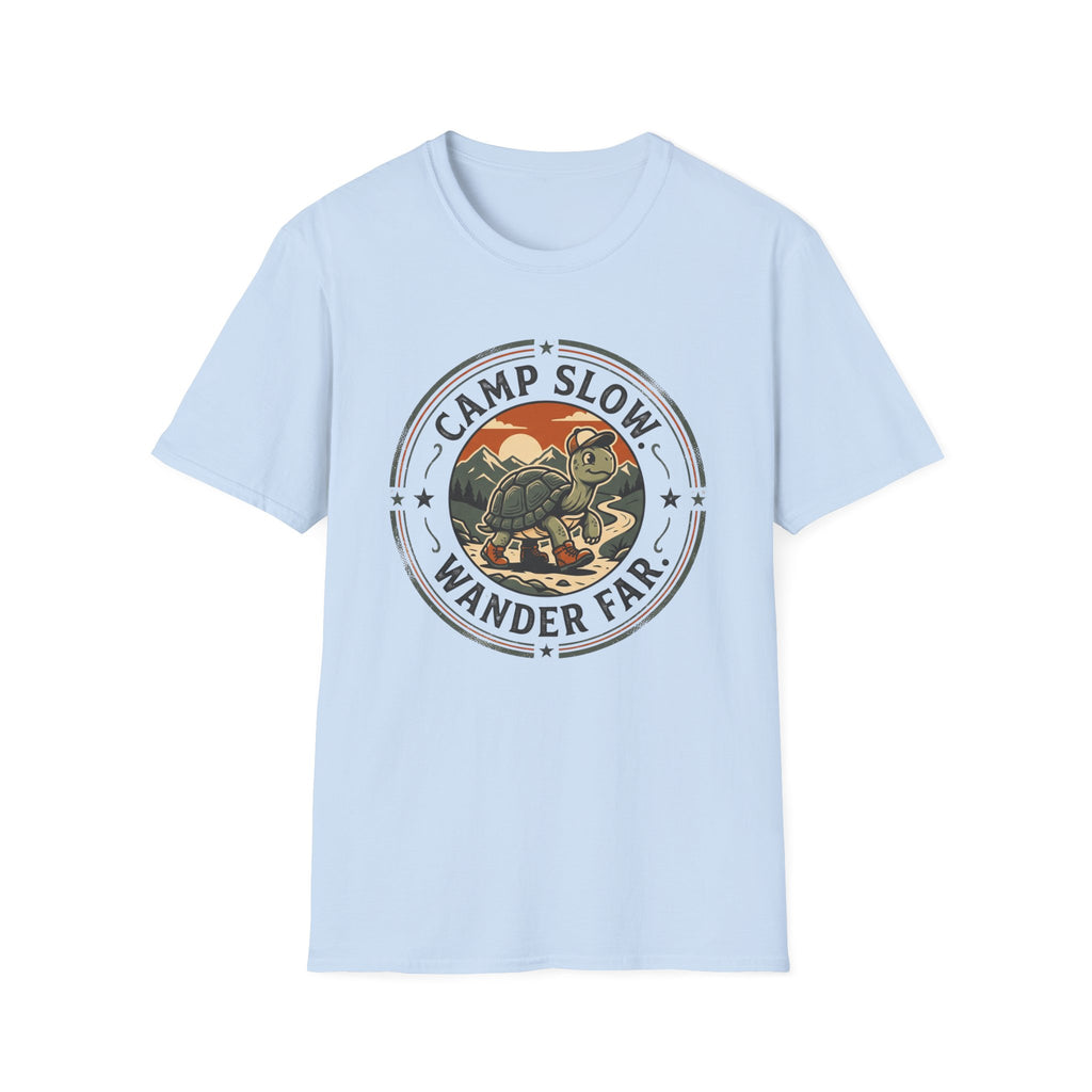 Camp slow wander far tortoise – Adventure Graphic Badge Art T-Shirt