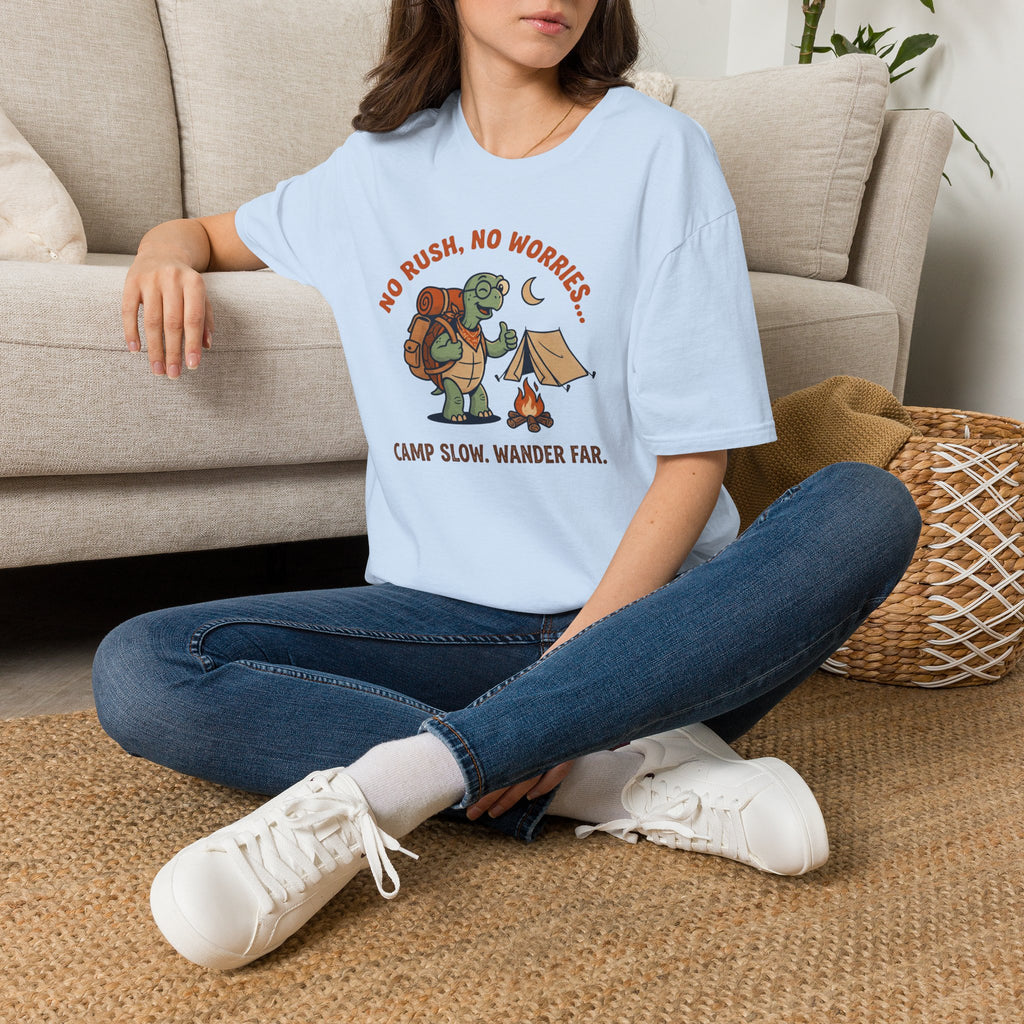 Camp slow wander far tortoise – Adventure Graphic Cartoon Art T-Shirt